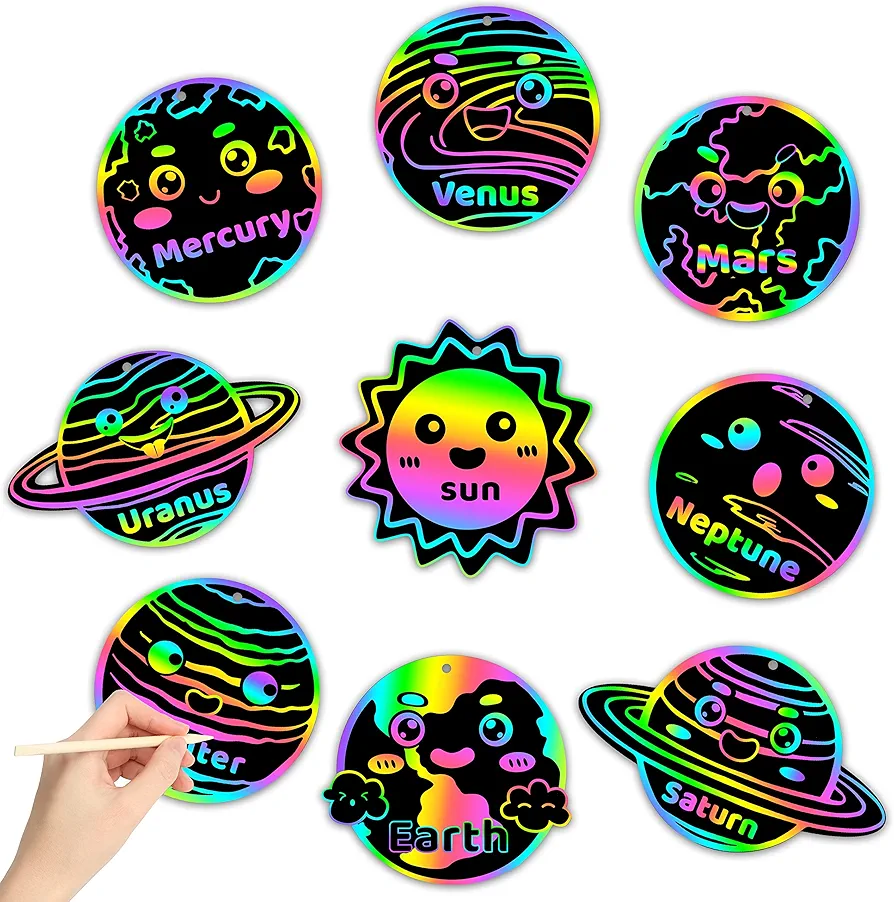WATINC 63pcs Solar System Scratch Art Paper for Kids, 9 Planets Scratch Off Cards Craft Kit, DIY Outer Space Magic Color Drawing Notebook, Classroom School Birthday Party Favor Decoration