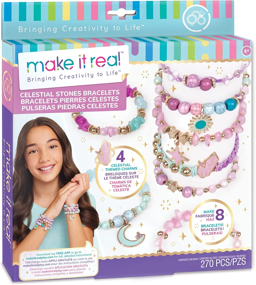 Make It Real: Celestial Stones Bracelets Kit - Create 8 Fashionable Bracelets, 4 Celestial Charms, 270 Pieces, Includes Play Tray, All-In-One, DIY Jewelry Kit, Tweens & Girls, Arts & Crafts, Ages 8+