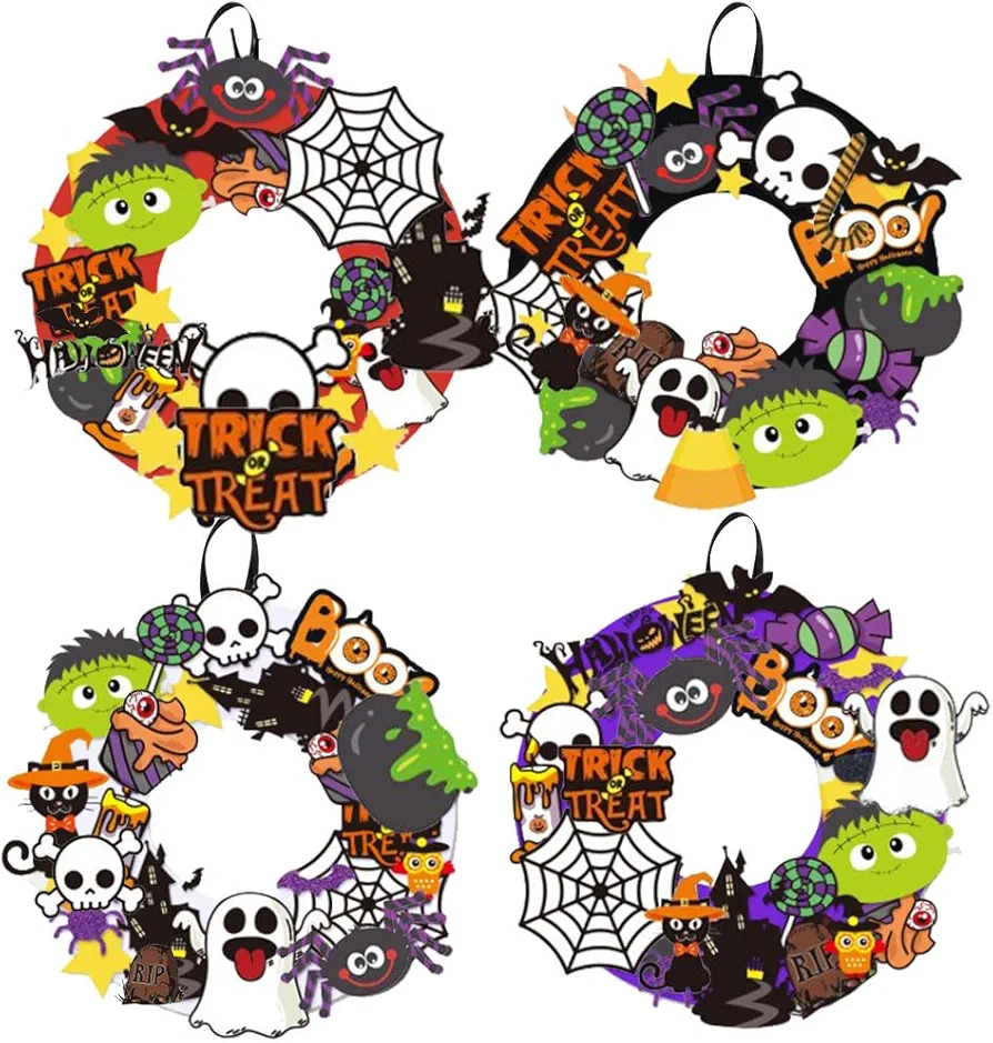 16 Sets Halloween Wreath Craft Kit for Kids Halloween Wreath Signs Decorations Foam Make You Own DIY Halloween Arts and Crafts for Girls Boys Halloween Party Ornament Decoration