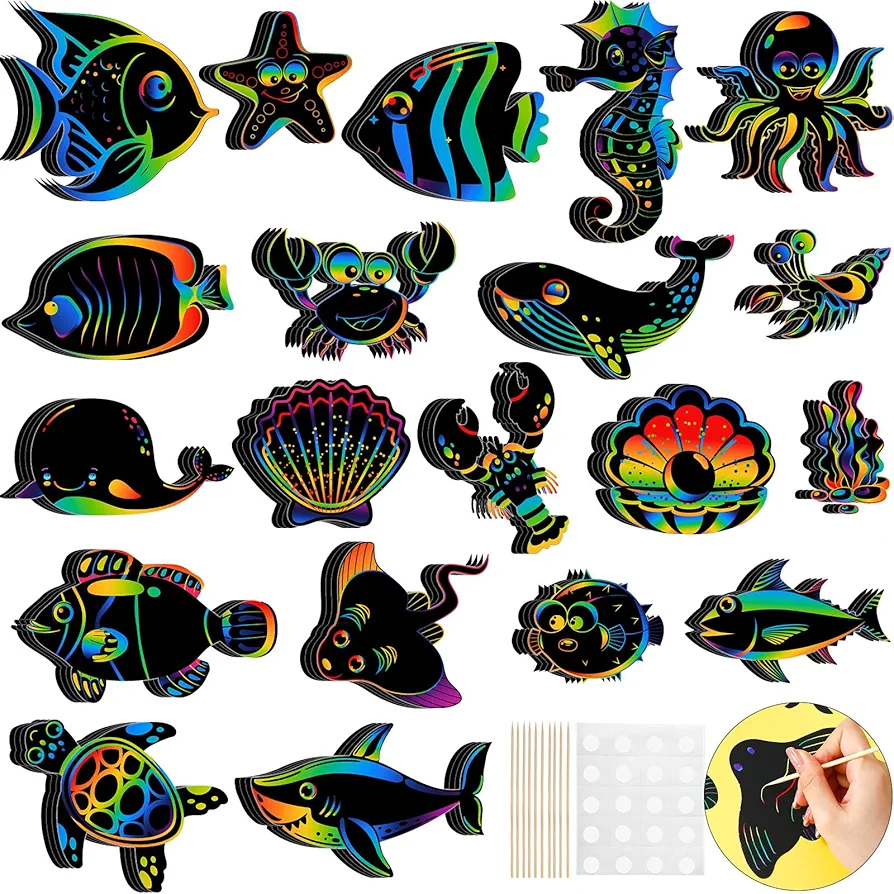 Liliful 80 Pcs Ocean Animals Scratch Cards Sea Crafts for DIY Ocean Party Scratch Card Summer Scratch Card Under The Sea Crafts Party Favors for DIY Crafts Home Decoration Project, 20 Styles
