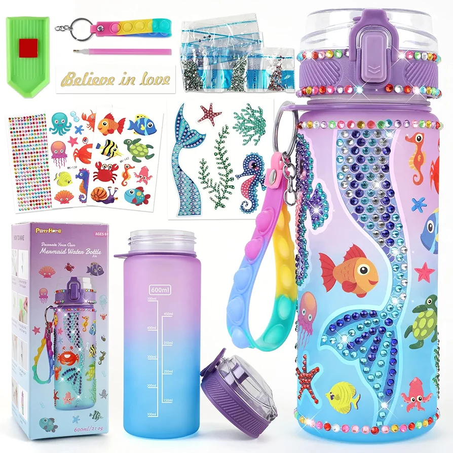 PERRYHOME Decorate Your Own Mermaid Water Bottle Kits for Girls, Mermaid Toys for Girls Age 4-10 Painting Crafts Kit, Fun Arts Kits 6-12 Year Old Toddler Girls Birthday Christmas Gifts Toys