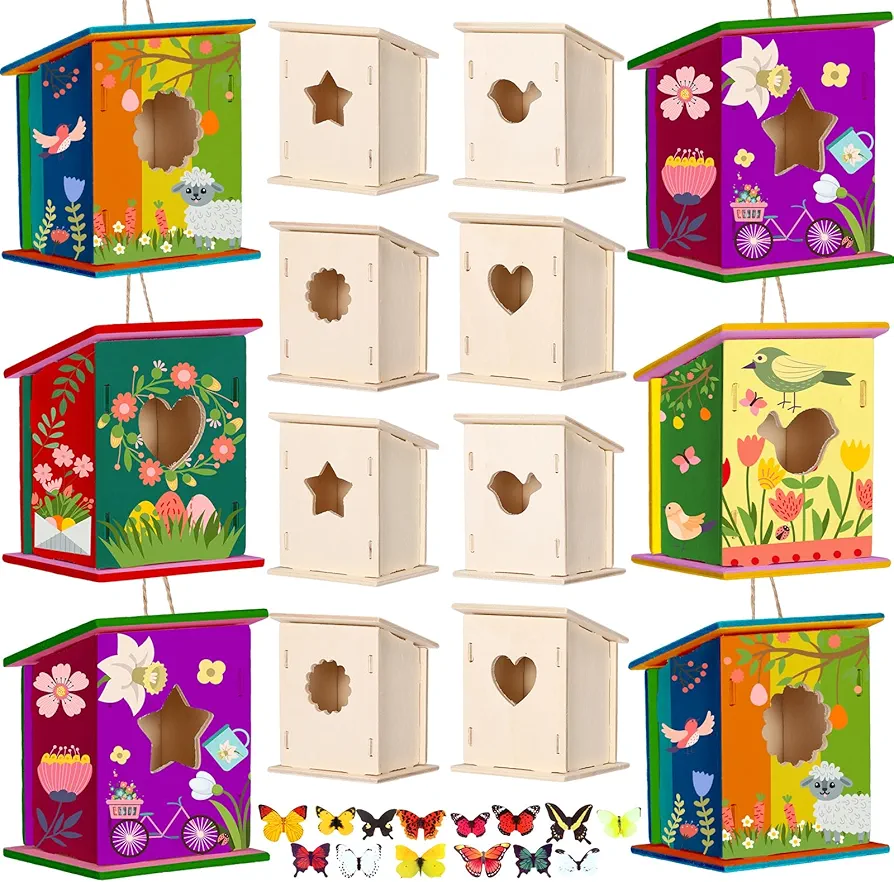 Outus 24 Pcs Wooden Birdhouse Craft Kits for Kids to Build, 4 Shapes Bird House Kit Wooden Unfinished with Watercolor Pen and Butterfly Sticker for Boy Girl Arts Crafts Bulk Painting Kits (Classic)