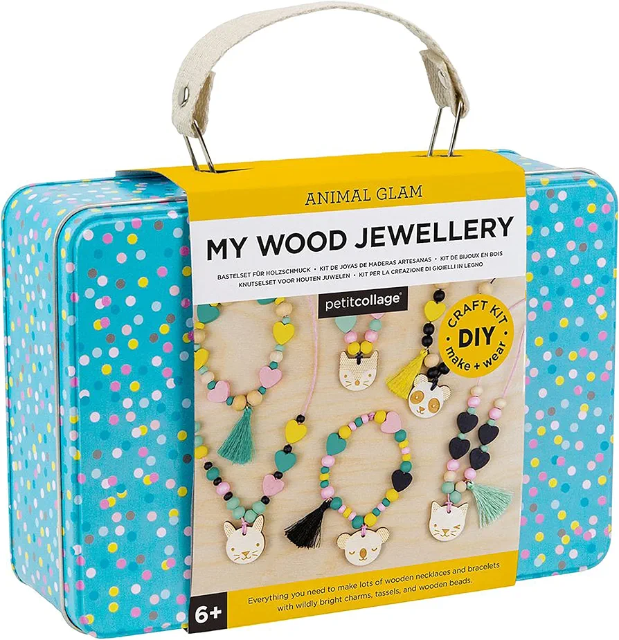 Petit Collage Animal Glam Wood Jewelry Set Craft Kit– Activity Set to Make Charm Bracelets and Necklaces for Women – Creative Toys for Ages 6+ – Ideal Crafts for Kids