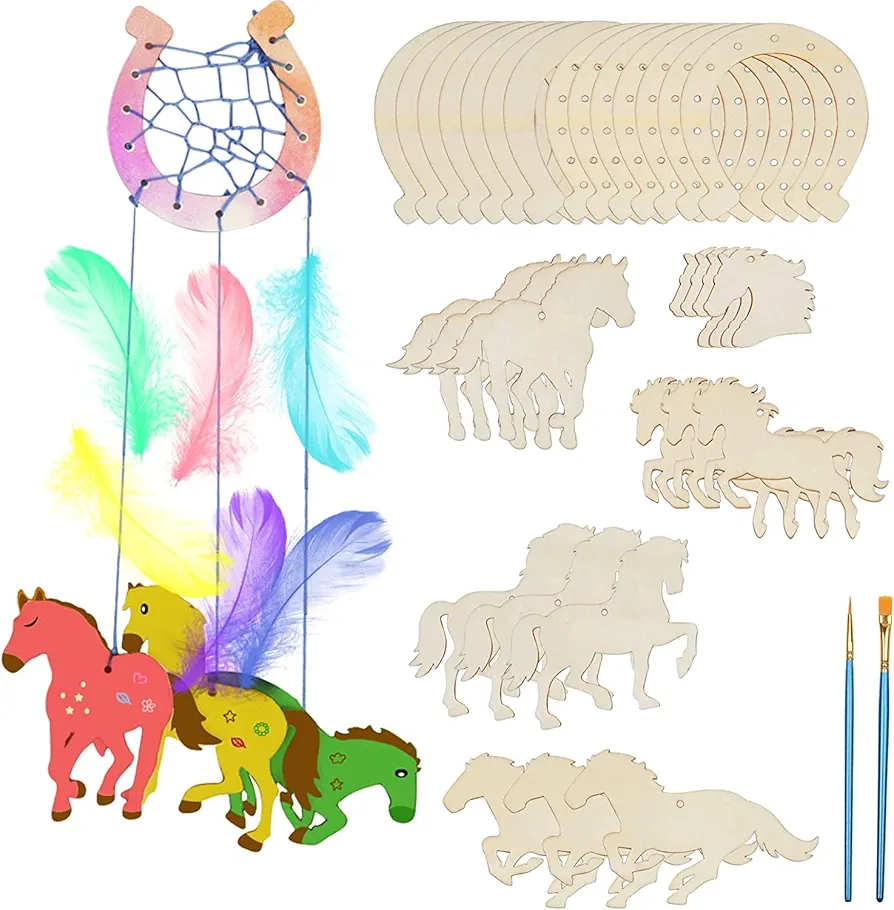 Fennoral 30 Pack Wooden Horse Craft for Kids Unfinished Wooden Cutouts Horse Horseshoes for Girls Boys Paint You Own Horse Dream Catcher Craft for kids DIY Art Activity Party Favors Decoration