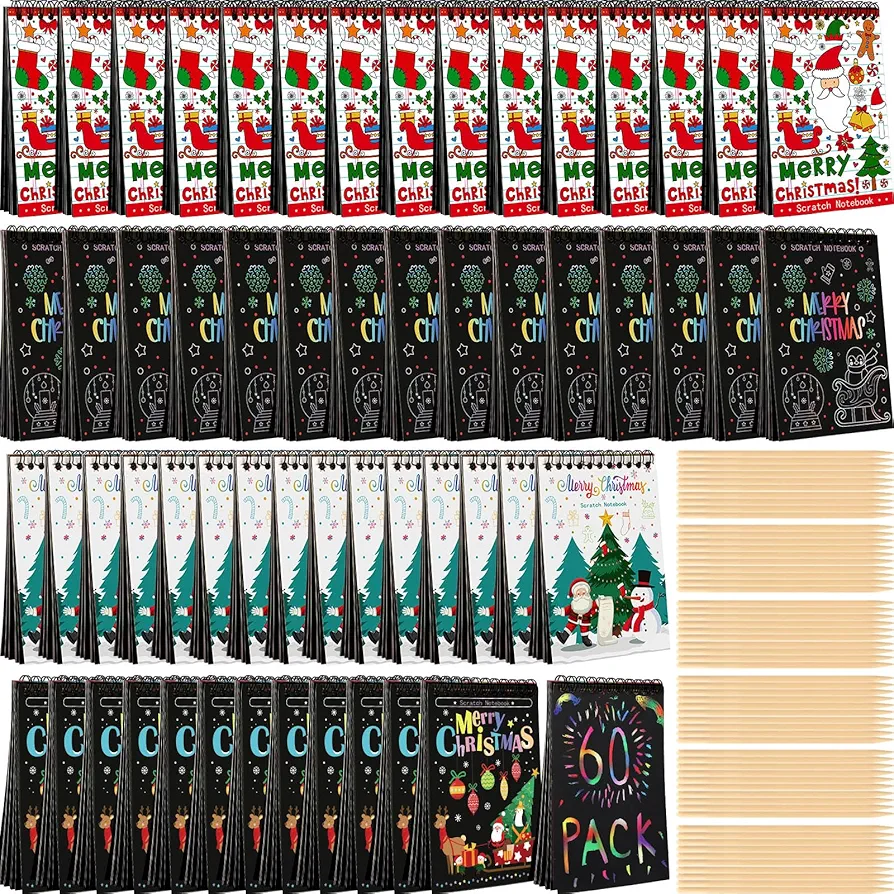 Harloon 60 Pack Christmas Scratch Notebook for Kids Scratch Art Book Bulk Scratch Off Notepad for Christmas Stocking Stuffers Art Birthday Gifts