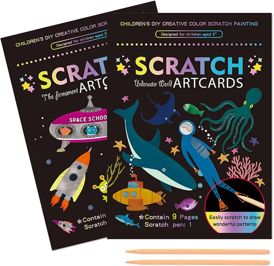 2 Pack Magic Scratch Paper Art,Rainbow Magic Scratch Off Paper Set for Kids Arts Crafts,Submarine World & Outer Space,3-12 Year Old Kid Boy Girl DIY Toy Gift for Birthday Children's Day Activity.