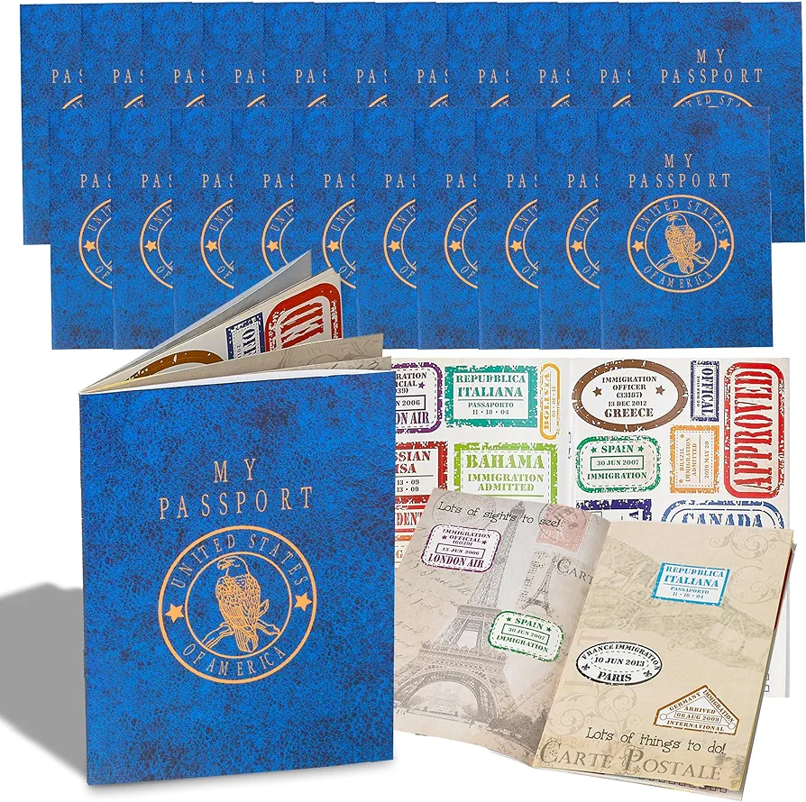 Passport Sticker Book for Boys and Girls - 24 Pack - Pad of Famous Places Motivational Treats, Party Favors, Game Prizes, Wall Decals, Scrapbooks, School Supplies, Arts and Crafts