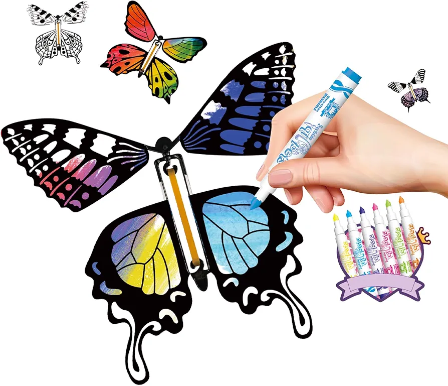 SANYIYIBA 24 Pack Painting Butterfly Craft Kit for Kids,12 Paper Butterflies and 12 Color Pens,Party Game,School Activity,Parent-Child Time,Creative Doodle DIY,Rubber Band Flying Butterflies Toys