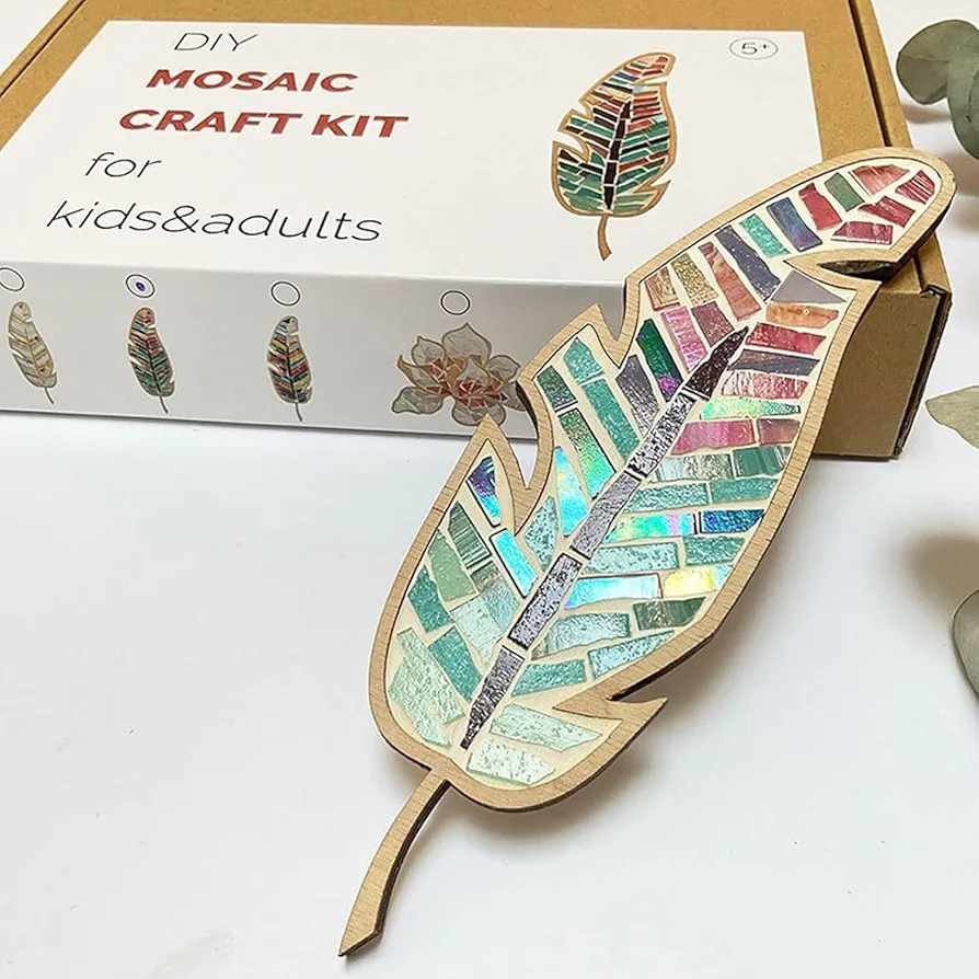 Fabric Art DIY Feather DIY Mosaic Kit,DIY Mosaic Tiles Art Crafts Mosaic DIY Art Projects and Home Decoration, Mosaic Craft Kit for Kids and Adults, Glass Mosaic Arts Feather Decor Gifts (A)
