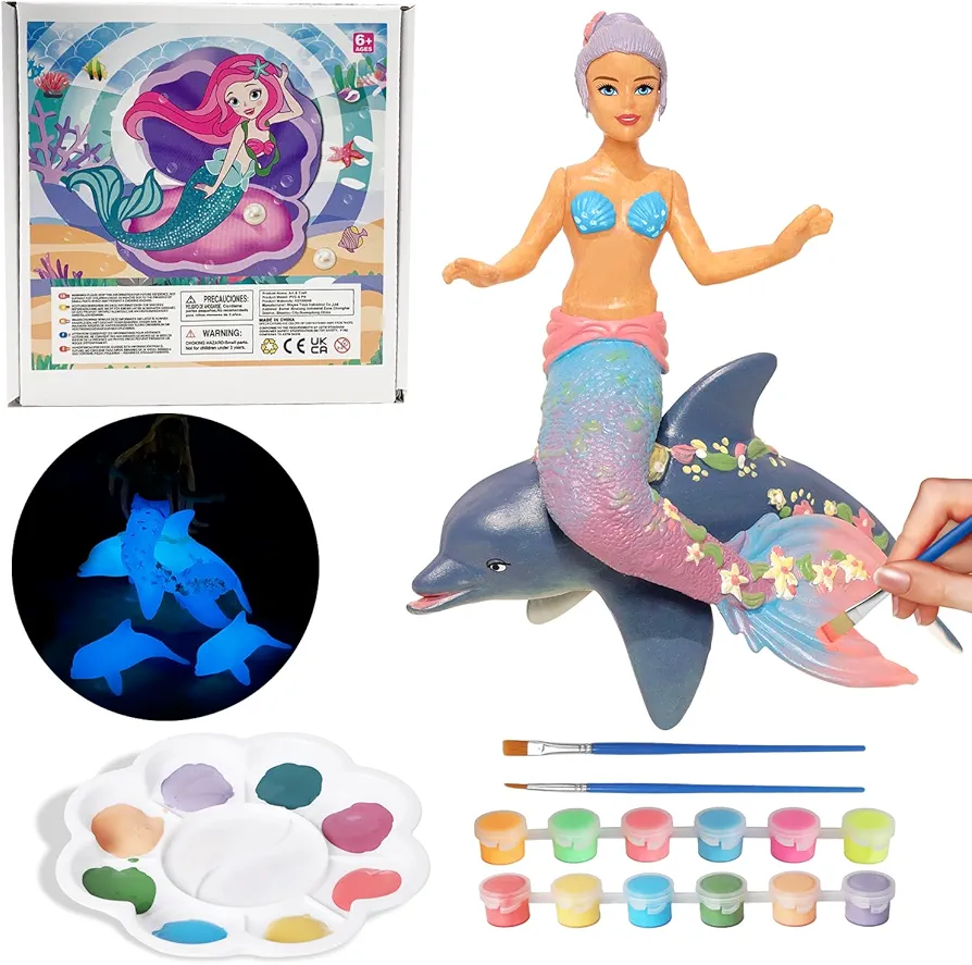 ekuzi Kids Magic Mermaid Craft Painting Kit, Little Luminous Mermaid Toys,Dolphin & Dolphin Babies Kids Art Set,Birthday Gift & Painting Party Favor for Girls Ages 4 5 6 7 8 9 Years Old