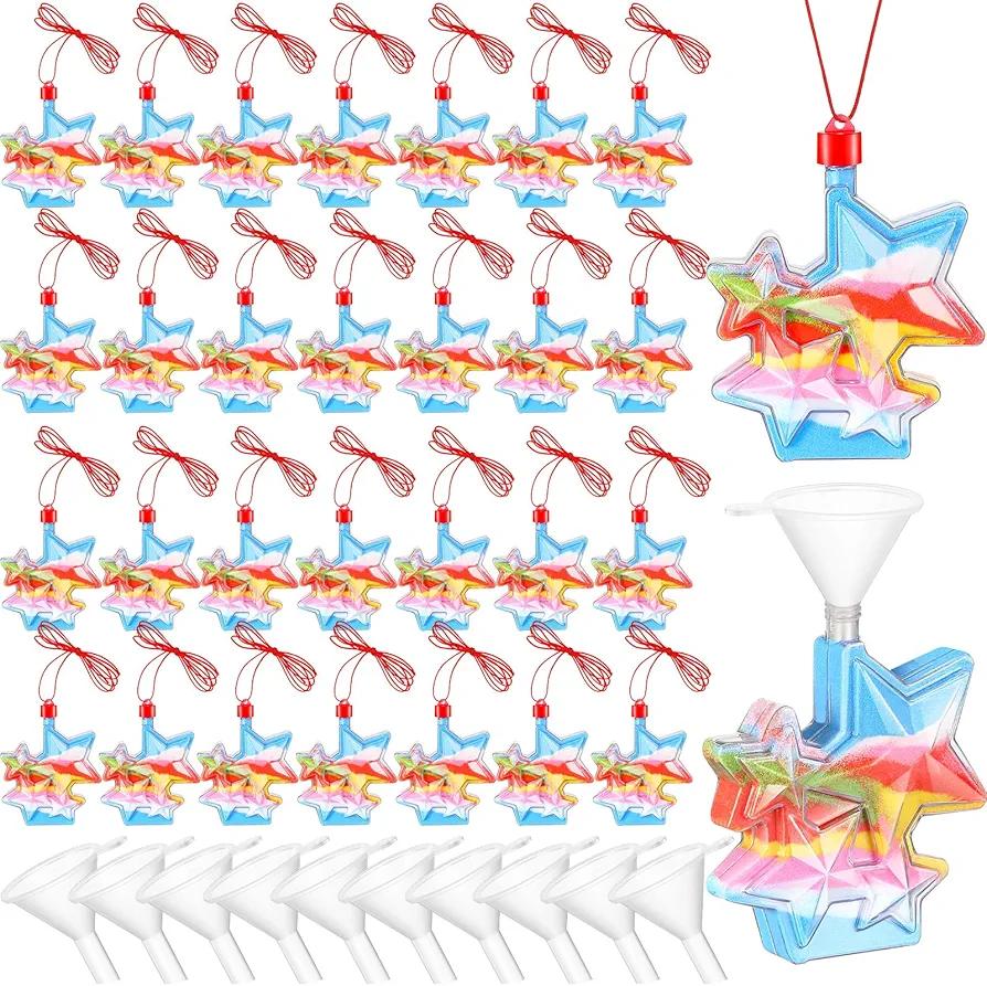 Yinkin 30 Pcs Star Sand Art Bottle Necklaces Sand Art Craft Kit for Kids Craft Party Supplies Party Favors DIY Art Activity Group Included 10 Pcs Small Clear Plastic Mini Funnels, Sand Not Included
