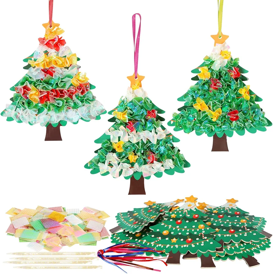 MEZOOM 12pcs Christmas Craft Set for Kid Creative Xmas Tree Poke Art Toy Make Your Own Christmas Tree Poking Art Crafts Kit with Fabric for 4-12 Years Boy Girl Child Classroom Activity Art Project