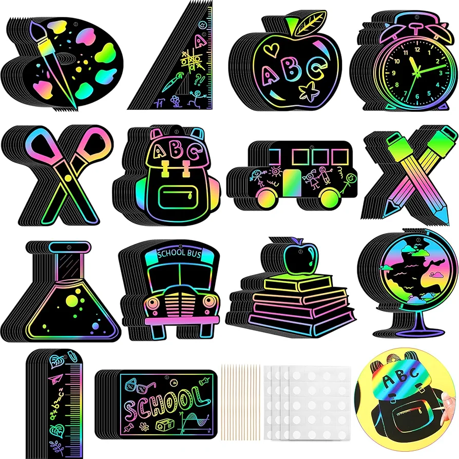 Harloon 140 Pcs Scratch Paper Art for Kids Rainbow DIY Scratch Paper Children Art Crafts Set Kit Supplies Toys Black Scratch Cards with Bamboo Sticks, Ribbon and Stickers for Boys Girls Gift