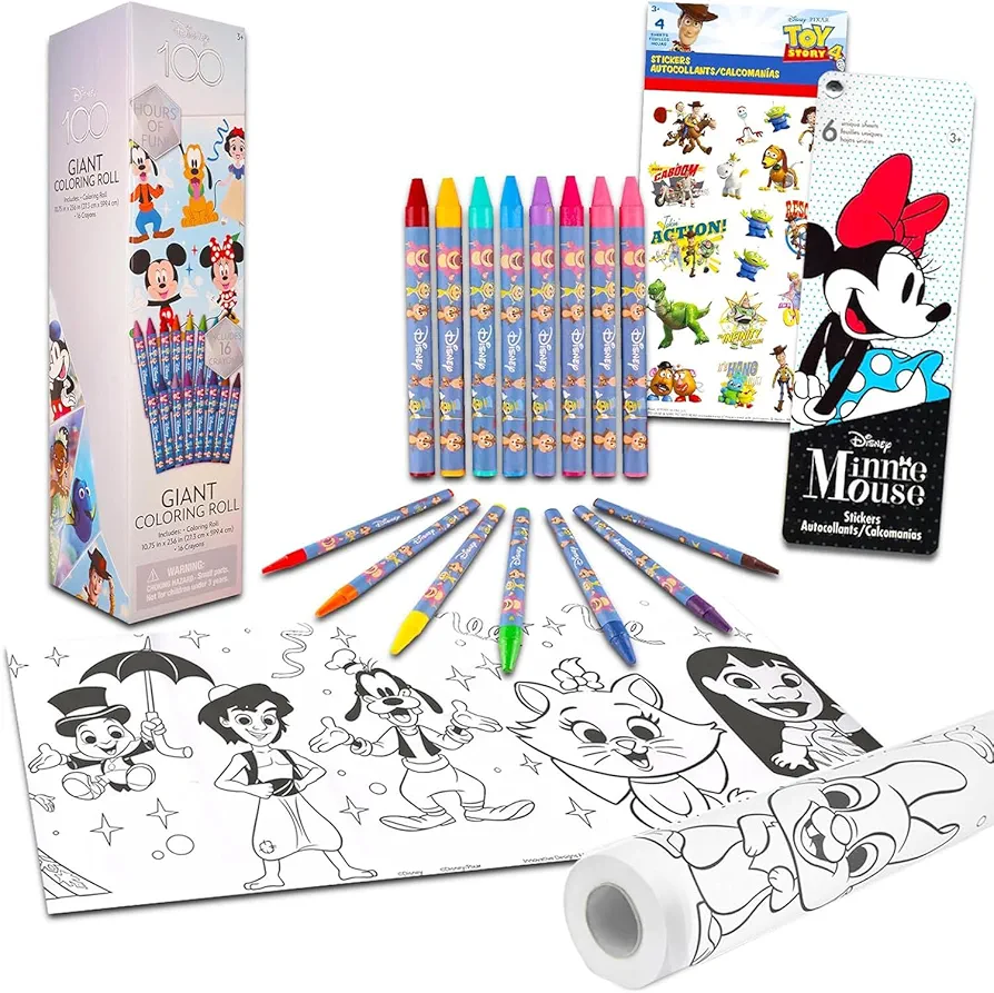 Disney Coloring Roll Set - Over 20 Feet Long! Giant Disney 100 Coloring Roll, Stickers, & More Featuring Mickey Minnie Donald Goofy More | Coloring Bundle for Kids Toddlers