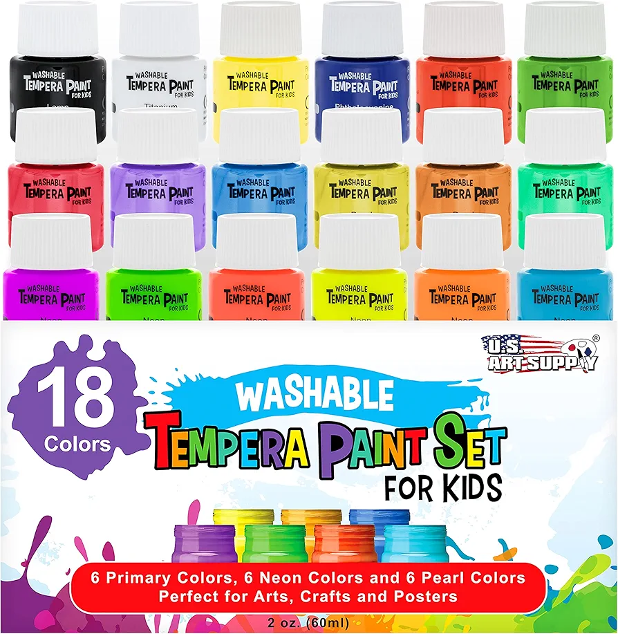 U.S. Art Supply 18 Color Children's Washable Tempera Paint Set - 2 Ounce Wide Mouth Bottles for Arts, Crafts and Posters