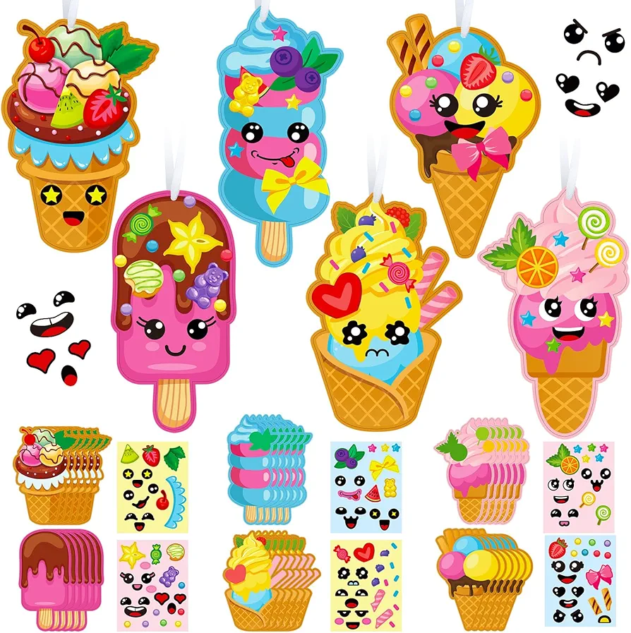 Geyoga 24 Packs Ice Cream Craft Kits for Kids Summer DIY Sweets Sticker Art Craft Set Make Your Own Ice Cream Craft DIY Summer Dessert Ornament Kit for Kids Summer Party Classroom Favors Activities