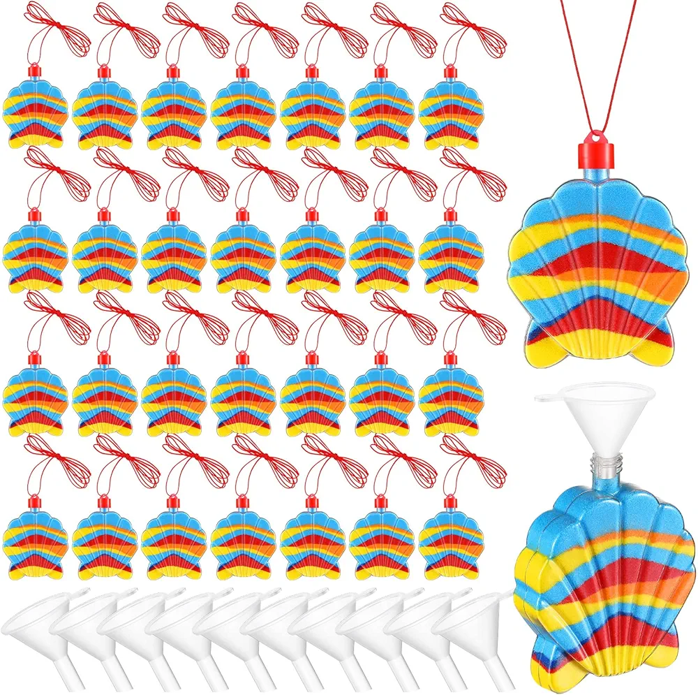 Yinkin 30 Pcs Shell Sand Art Bottle Necklaces Sand Art Craft Kit for Kids Craft Party Supplies Party Favors DIY Art Activity Group Included 10 Pcs Small Clear Plastic Mini Funnels, Sand Not Included