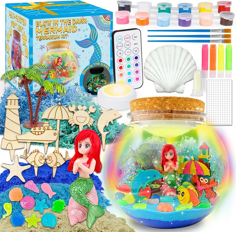 Mermaid Terrarium Kit for Kids - Arts & Crafts Activities Sets With Glow in The Dark Painting - DIY Mermaid Toys Birthday Gifts for Girls Age 5, 6, 7, 8, 9, 10, 11 & 12 Year Old(Mermaid Terrarium)