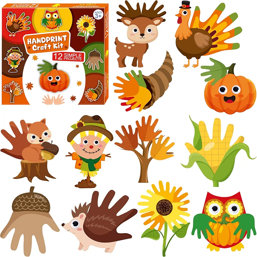 WATINC Fall Handprint Art Craft - 12Pcs Autumn Pumpkin Turkey Owl Easy DIY Craft Kit, Scarecrow Forest Animals Themed Hand Print Arts Supplies Preschool Classroom Activity Party Favors for Kid Toddler