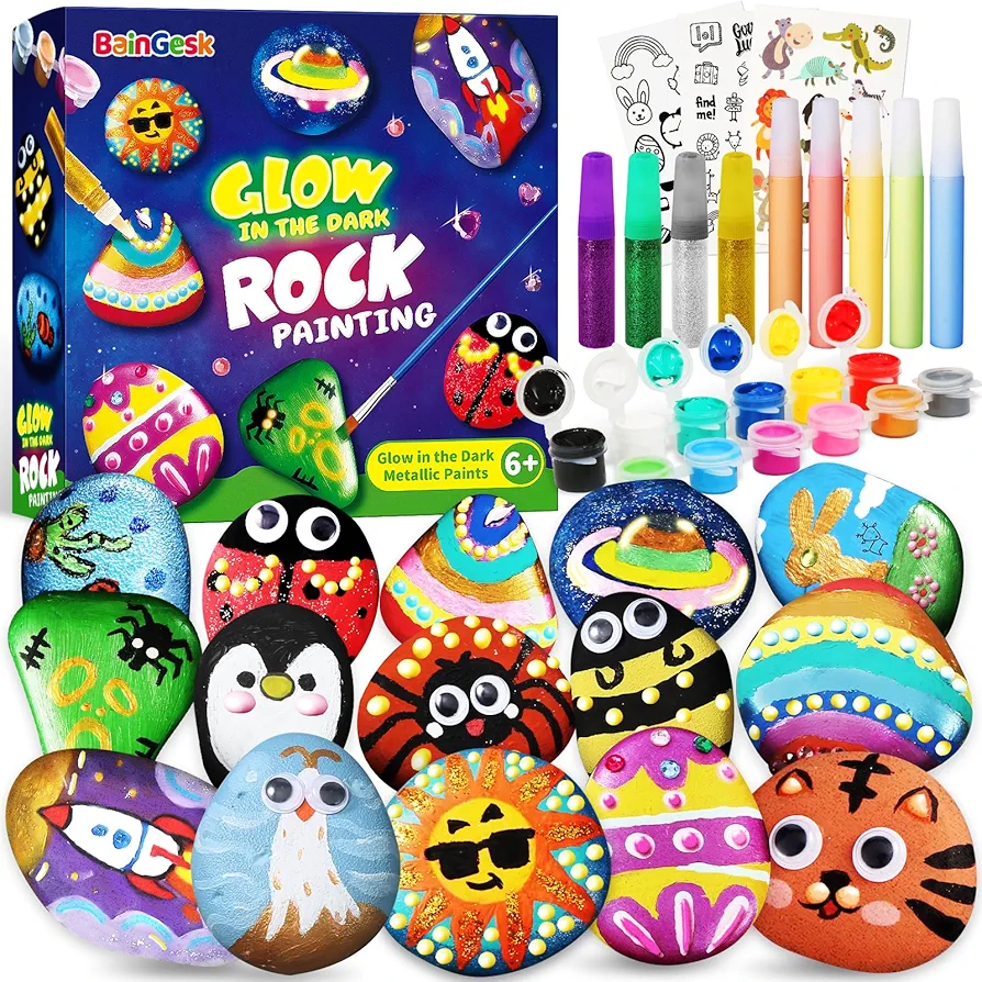 BainGesk Glow in The Dark Rock Painting Kit for Kids, Painting Rock Crafts Set, Arts and Crafts Gifts for Ages 6-8, Creative Activities Art Toys for 6, 7, 8, 9, 10, 11, 12 Year Old Kids