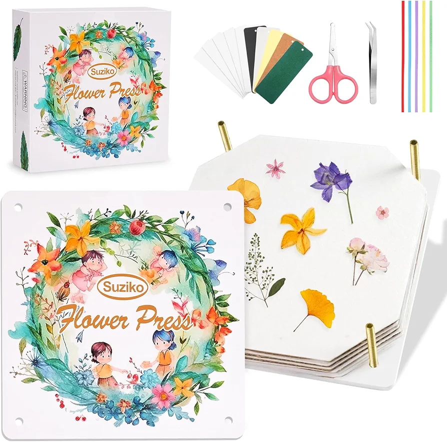 Suziko Flower Press7.87 x 8.26”(20cmx 21cm) Flower Press kit,Creativity Pressed Flower Kit,Unique Design for Recycling Flower&Leaf Art Craft DIY Kit,Great Gift for Boys & Girls Ages 5+