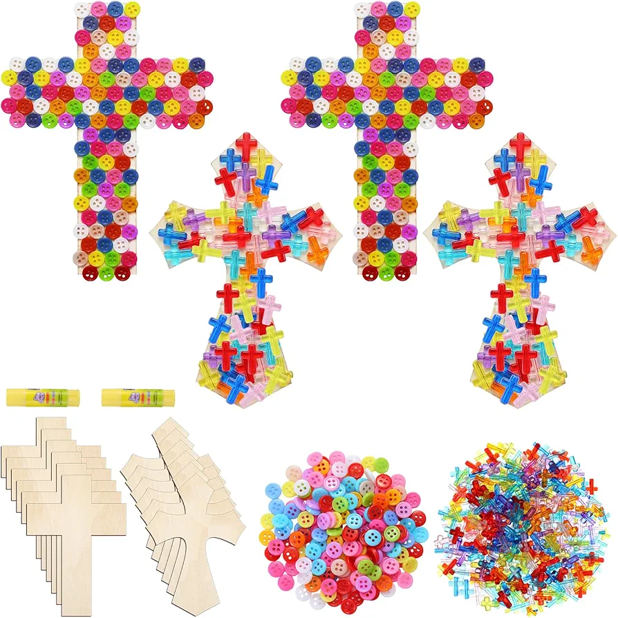 30 Sets Cross Crafts for Kids DIY Christian Jesus Crafts Bible Crafts Sunday School VBS Supplies Religious Wooden Cross Sticky Boards with Buttons Gift for Church Activities