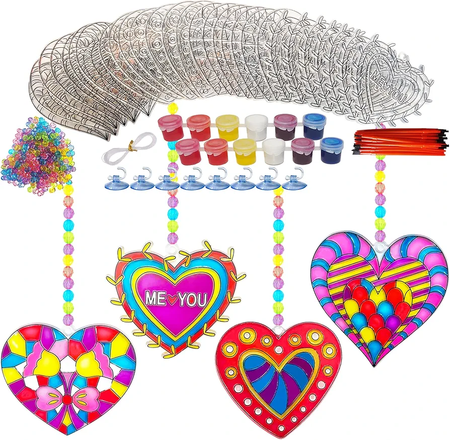 28 Sets Heart Suncatchers for Windows Valentine's Day Suncatcher Craft Kits DIY Window Paint Art Heart Sun Catchers for Classroom Art Craft Mother's Day Party Supplies