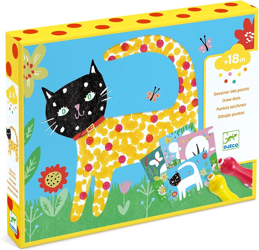 DJECO Dot Painting for Toddlers - Mess-Free Painting Kit - Coloring Starter Kit, Sensory Toys, Non-Stain, Washable Paint Kit w/Reusable Cards, & 4 Foam Markers, Art & Crafts for Kids 18 Months+