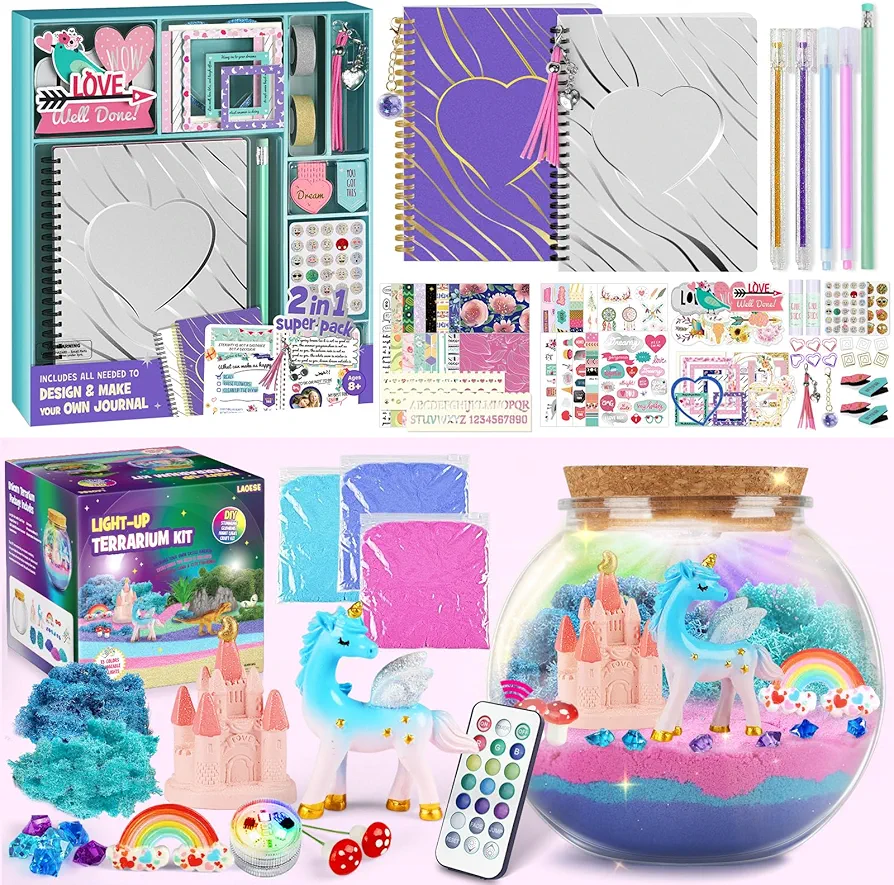 LAOESE DIY Journal Kit and Unicorn Terrarium Kit Gifts for Girls - Arts and Crafts Kit for Kids