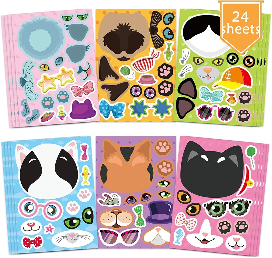 24 Sheets Cats Make a Face Stickers Make You Own Cats Stickers Animal Stickers for Kids, Birthday Gift Party Favors Supplies Teacher Art Craft, Games School Activity Reward