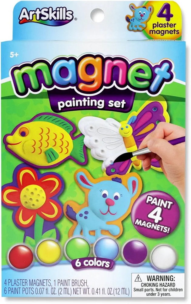 ArtSkills Paint Your Own Magnets, Arts and Crafts Supplies, Paint Brush, Paint Pots, with Included Designs, 4 Count