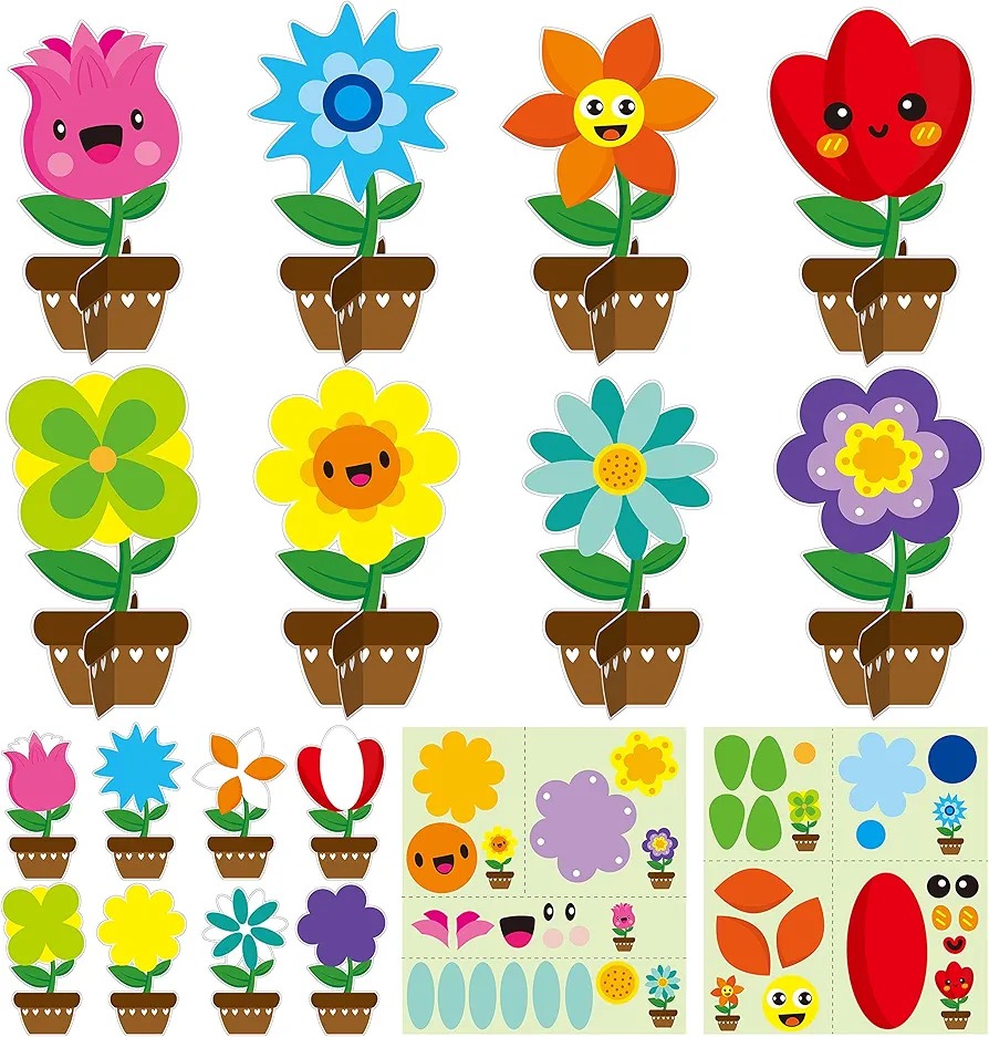 WATINC 32 Packs Father’s Day Flower Craft Kits Make Your Spring DIY Flowers Craft Set Sun Mouth Eyes Stickers Springtime Flowers Decorations for Kids Boy Girl Home School Fun Activities