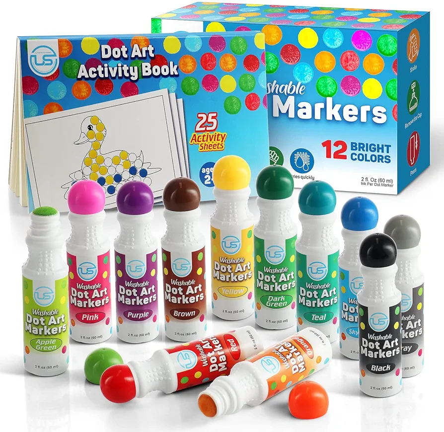 Dot Markers | Bingo Daubers 12 Washable Color Dot Markers For Toddlers, Toddler Activities, Bingo Markers and Activity Book, Toddler Arts And Crafts