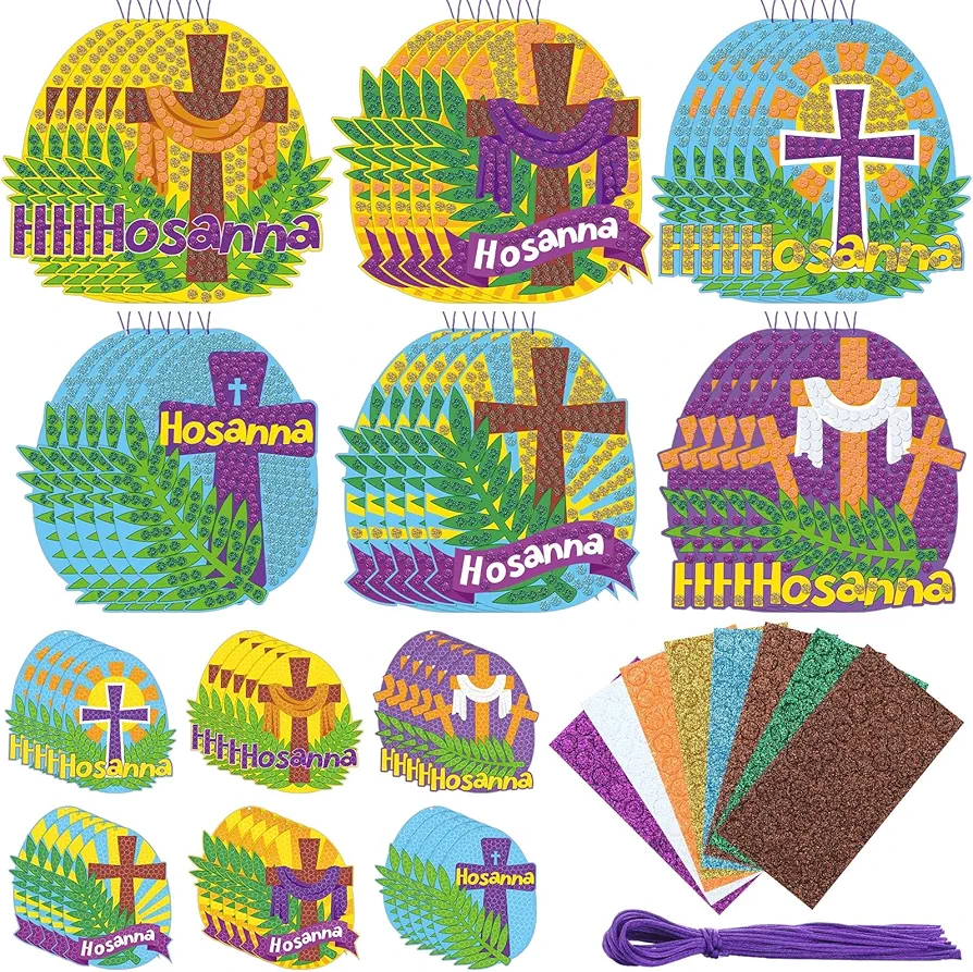 Silipull 30 Sets Religious Easter Craft Kit for Kids Hosanna Palm Leaf Glitter Mosaic Ornament Craft Kits Make Your Own Christian Easter Egg Art Kits for Sunday School Activities Fun Home Party Favors