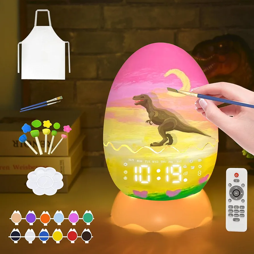 Paint Your Own Dragon Egg Night Light with Digital Clock Alarm Clock/Bluetooth Speaker, 12 Colors Painting Art & Crafts Kit Supplies for Kids/Adults