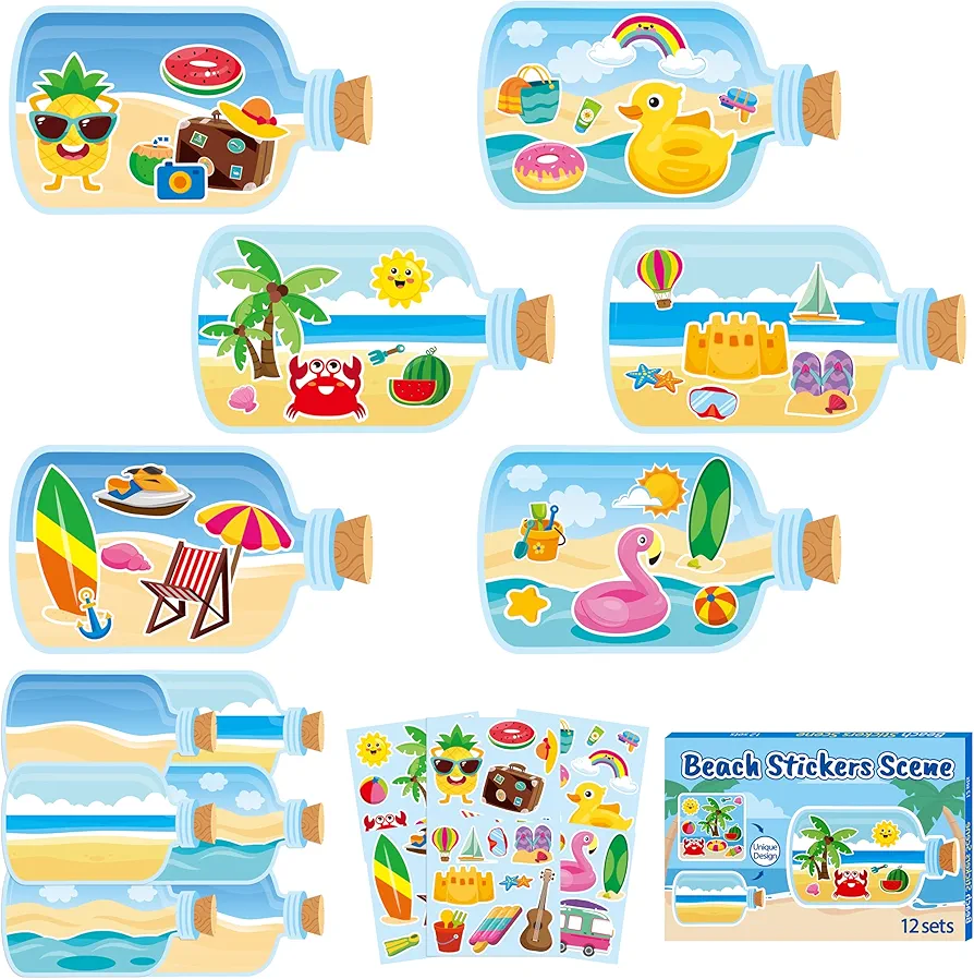 CY2SIDE Summer Beach Stickers Scene - 12PCS Summer Drifting Bottles Sticker Scene Art Craft for Kid Make Your Own Beach Sticker Scene with Pineapple Flamingo DIY Hawaii Party Game Class Fun Activities