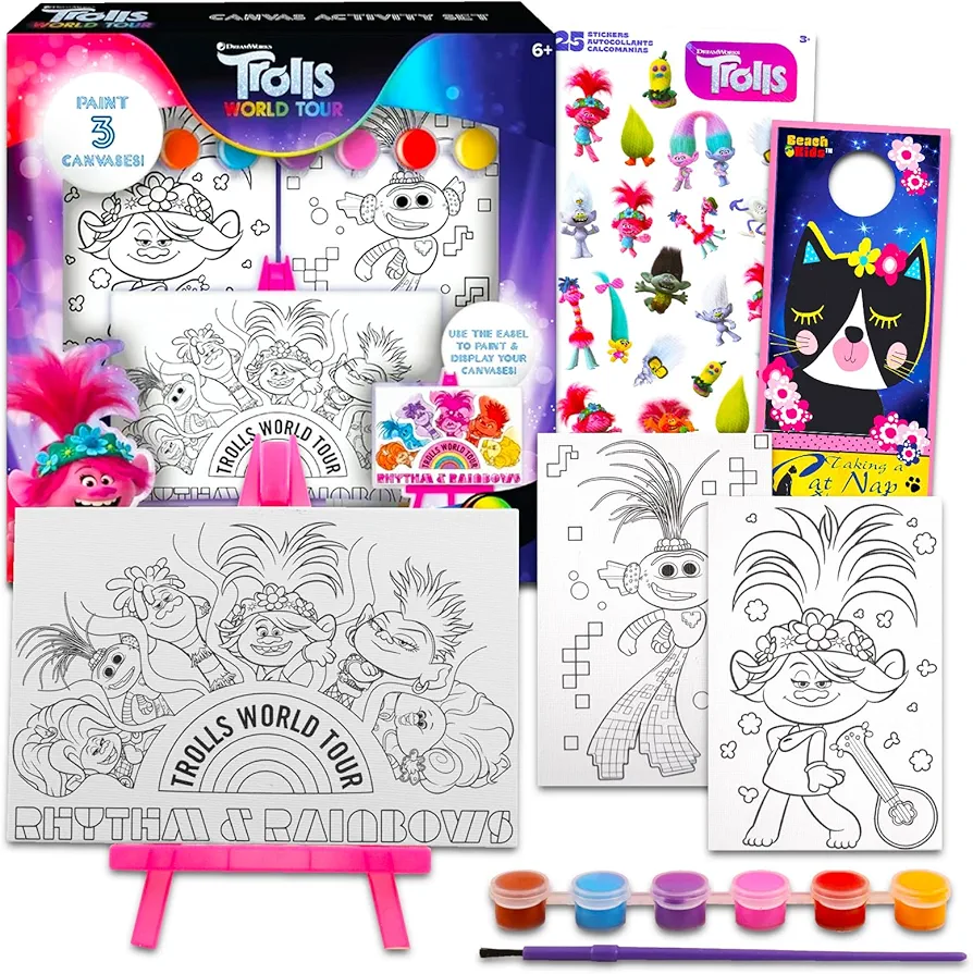 Trolls Painting Set for Kids - Trolls Art Supplies Bundle with Canvases, Easel, Paint Plus Trolls Stickers, More | Trolls Gifts for Girls, Trolls Arts and Crafts