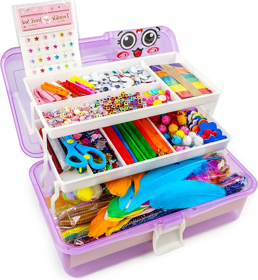 SMILESSKIDDO Arts Craft Supplies for Kids - 1000+ PCS Toddler DIY Craft Art Supply Set, Portable 3 Layered Folding Storage Box School Craft Projects - Gifts for Girls Crafts for Girls Ages 4-8 8-12