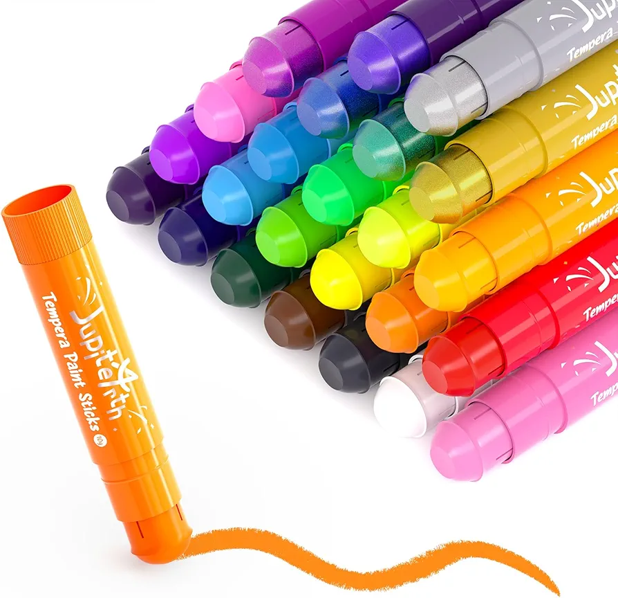 24 Colors Tempera Paint Sticks with 120 PDF Coloring Pages and 30 Stickers, Quick Drying, Smooth, Non-Toxic and Washable Paint Sticks for Kids, Art Supplies for Drawing on Various Objects