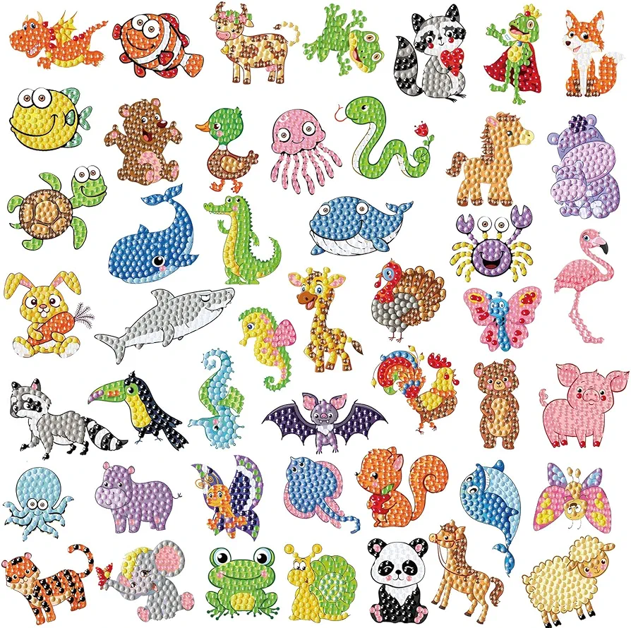 JUNEBRUSHS Diamond Art Painting Sticker for Kids, 47Pcs Diamond Art Painting Kits 5D DIY Art Crafts Set Butterfly Whales Small Animal Creative Diamond Sticker Set