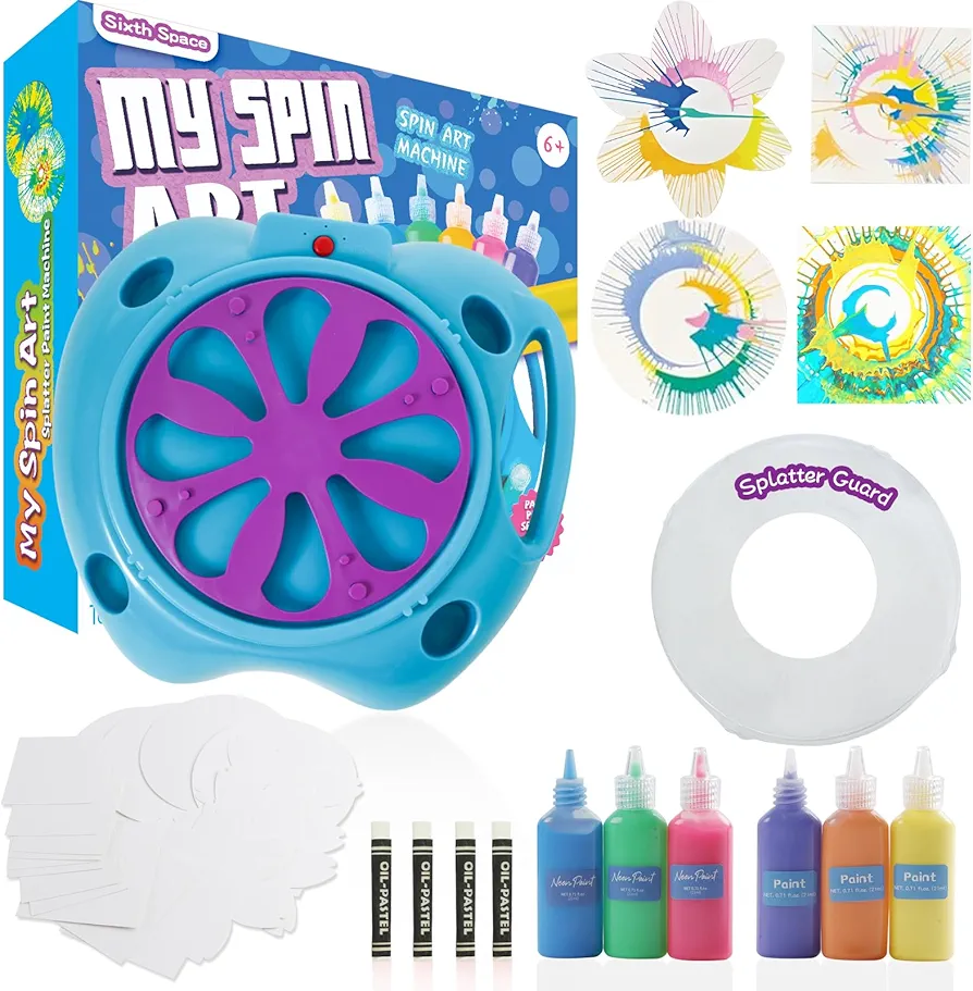 Sixth Space Spin Art Machine for Kids Ages 6-8, Adjustable Speed Arts&Crafts Paint Spinner Toys with Thicker Splatter Guard, Battery Operated Splatter Paint, Crafts Kits, Gift for Boys Girls Adults