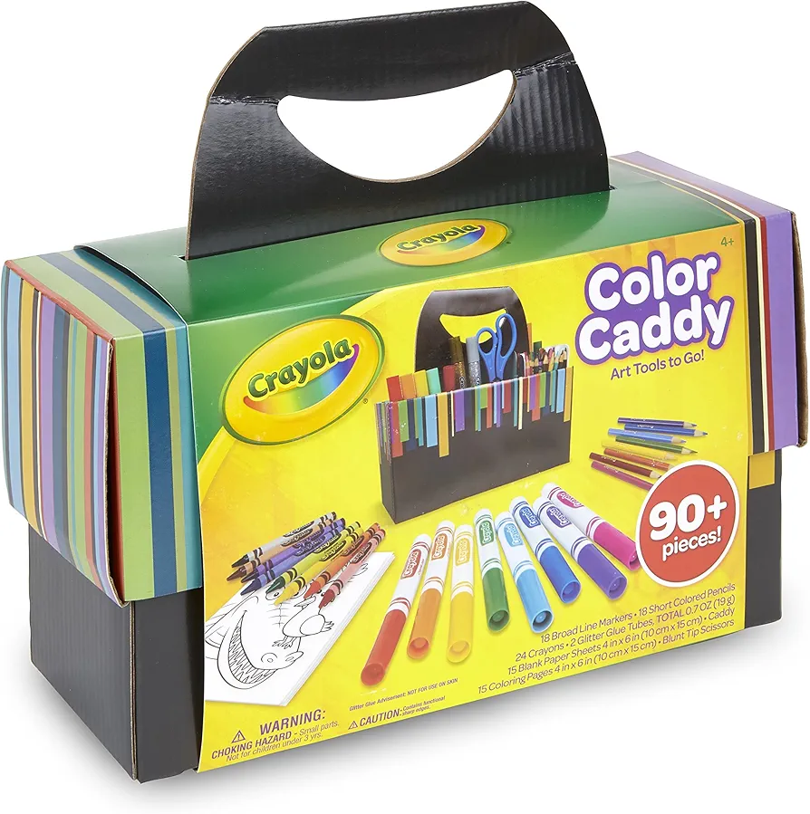 Crayola Color Caddy Craft Kit (90+ Pcs), Kids Coloring Set, Gifts for Kids 4+, Includes Crayons, Markers, Colored Pencils, Glitter Glue, Scissors, & Paper