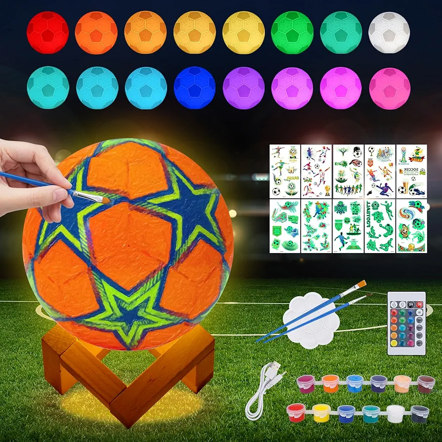 Minleway Paint Your Own Soccer Ball Lamp Kit, 4.7 Inch 16 Colors DIY 3D Soccer Ball Light Remote Control,Art Supplies Birthday Gifts for Friends Kids, Arts Crafts for Girls Boys Ages 6-8 8-12