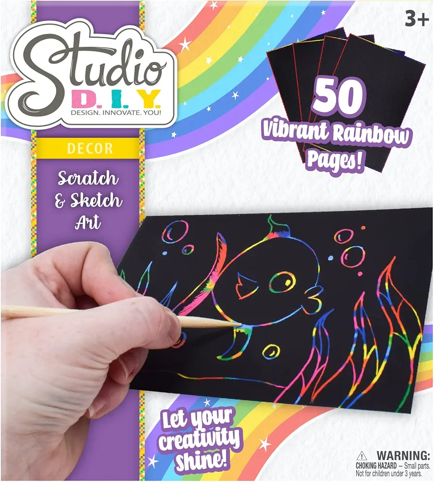 Sunny Days Entertainment Studio DIY Scratch & Sketch Art | Rainbow Art Kit with 50 Colored Pages and 5 Wooden Stylus’ for Creative Kids