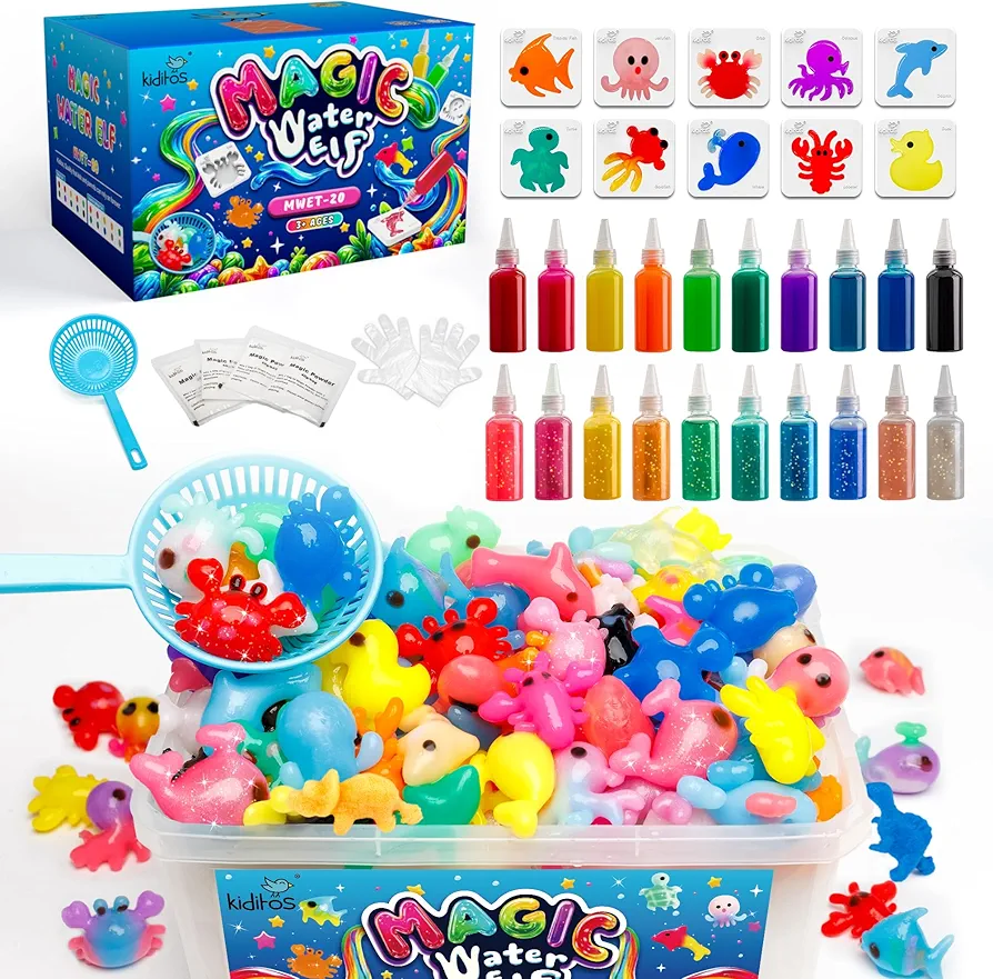 20 Colors Magic Water Elf Toy Kit,Aqua Fairy Water Gel Kit with 10 Colors Sparkling Magic Gel,10 Colors Magic Gel,6 Animal Molds,6 Dinosaur Egg Toys,Birthday Gifts Crafts&Art Kit for Kids