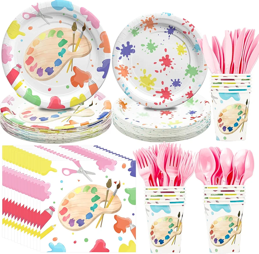 Art Paint Party Supplies Tableware - Paint Art Party Decorations Dinnerware, Plates, Napkins, Cups, Cutlery, Art Painting Themed Party Supplies For Birthday Baby Shower | Serves 24