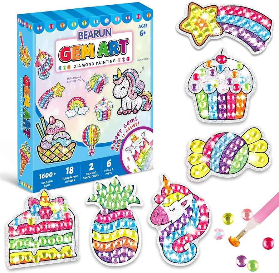 Gem Art, Kids Diamond Painting Kit-Big 5D Gem, Arts and Crafts for Girls Ages 6-12, Create Your Own Magical Stickers and Suncatchers - Diamond Art Gift for Girls Ages 6, 7, 8, 9, 10-12, 6-8