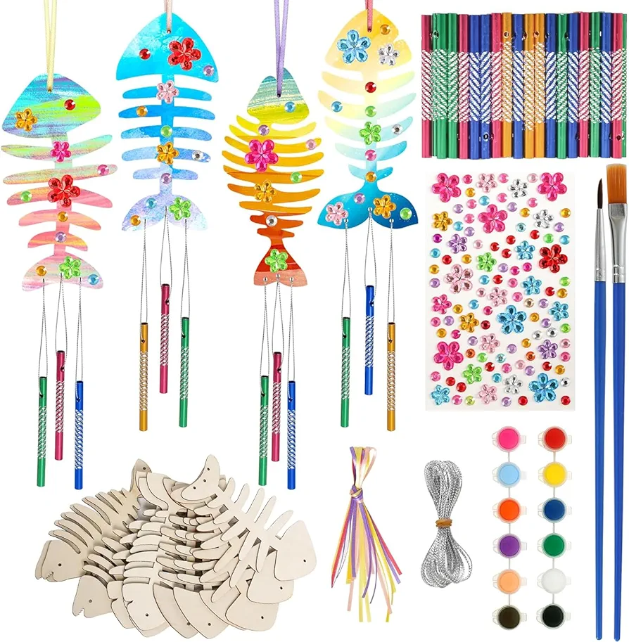 RONIAVL 12pcs Ocean Wind Chime Crafts Kits for Kids DIY Wood Summer Wind Chime Make Your Own Fish Bone Wind Chime DIY Coloring Wooden Arts and Crafts Summer Activities for Kids 9-12