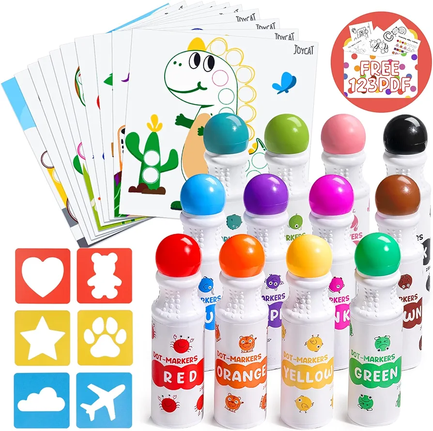 JoyCat Washable Dot Markers for Kids,12 Colors 2.1 fl.oz Non Toxic Dot Paint Markers with 10 coloring activity paper & 6 stencils,Bingo Daubers Markers for Toddler 1-3 Arts and Crafts Kits Supplies