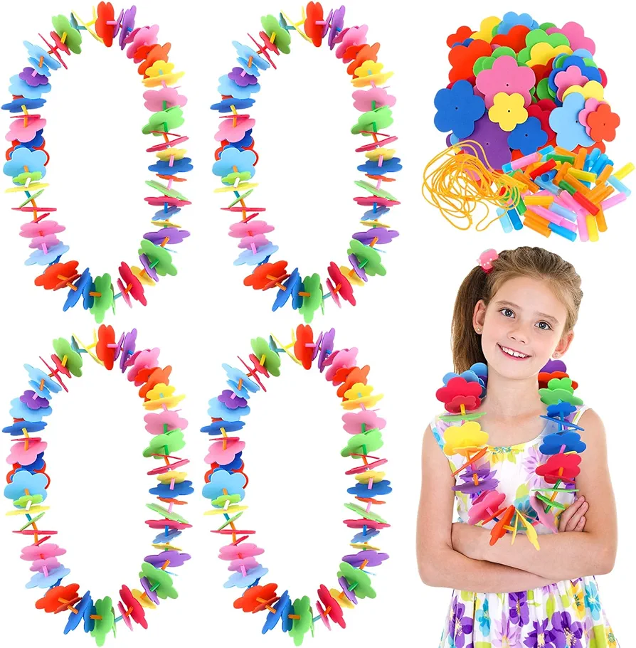 Hotop 24 Sets Lei Making Craft for Kids Foam Flower DIY Lei Luau Crafts Make Your Own Flower Necklaces Hawaiian Leis Bulk for Kid Hawaiian Tropical Themed Luau Party Favors Summer Beach Party Supplies